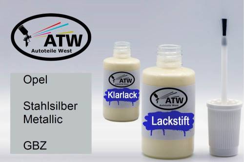 Opel, Stahlsilber Metallic, GBZ: 20ml Lackstift + 20ml Klarlack - Set, von ATW Autoteile West.